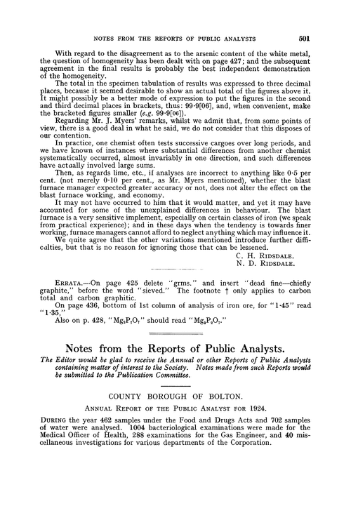 Notes from the Reports of Public Analysts