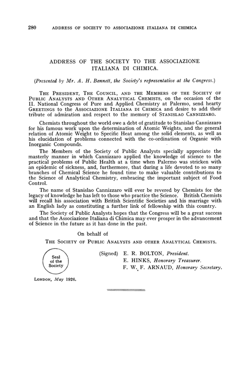 Address of the Society to the Associazione Italiana Di Chimica