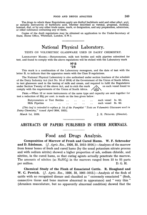National Physical Laboratory. Tests on volumetric glassware used in dairy chemistry