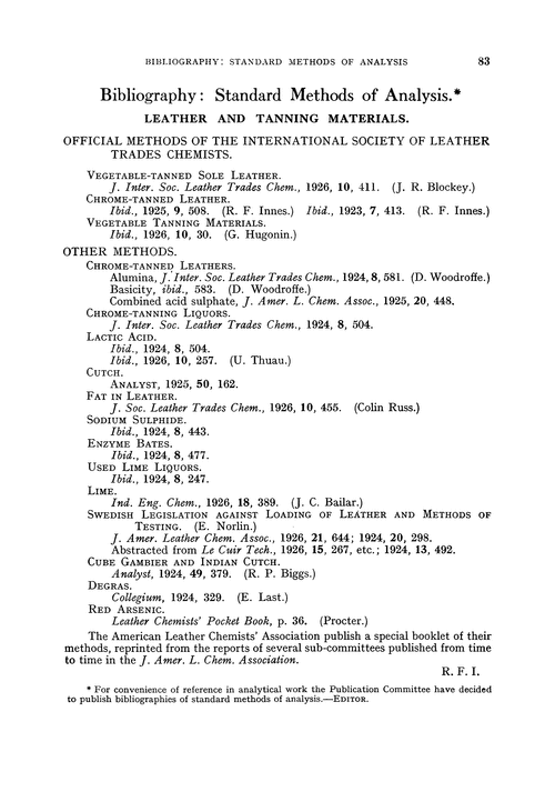 Bibliography: standard methods of analysis. Leather and tanning materials. Official Methods of the International Society of Leather Trades Chemists