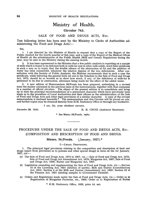 Ministry of Health. Circular 762. Sale of Food and Drugs Acts, etc.