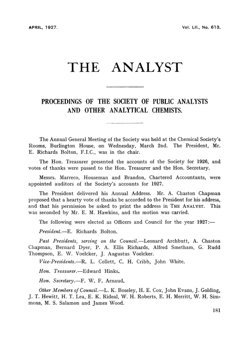 Proceedings of the Society of Public Analysts and other Analytical Chemists