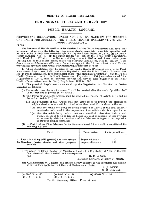 Ministry of Health. Provisional rules and orders, 1927