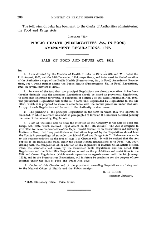 Ministry of Health. Public Health (Preservatives, &c., in Food) Amendment Regulations, 1927