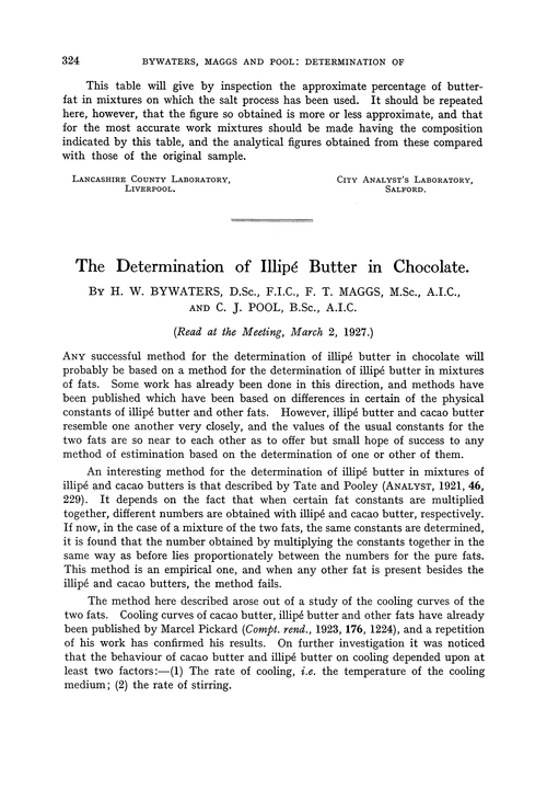 The determination of illipé butter in chocolate