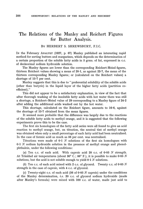The relations of the Manley and Reichert figures for butter analysis