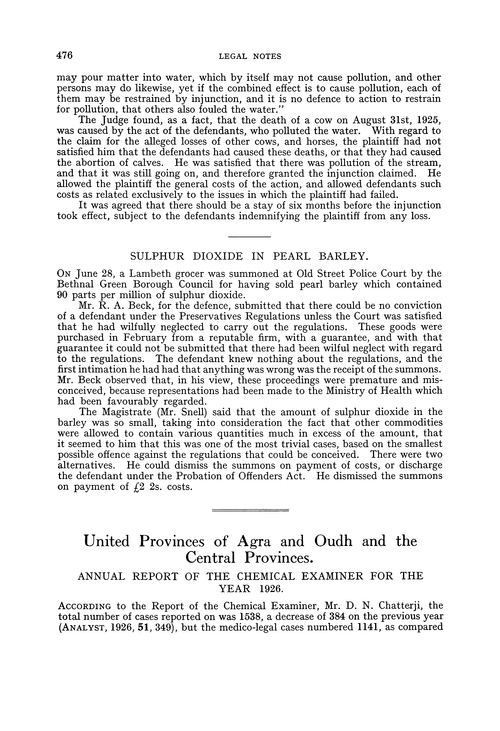 United Provinces of Agra and Oudh and the central Provinces. Annual Report of the Chemical Examiner for the year 1926