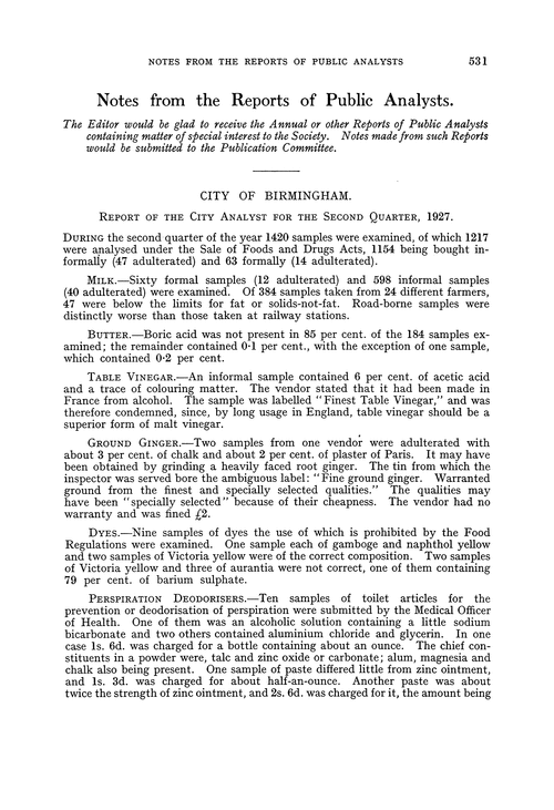 Notes from the Reports of Public Analysts