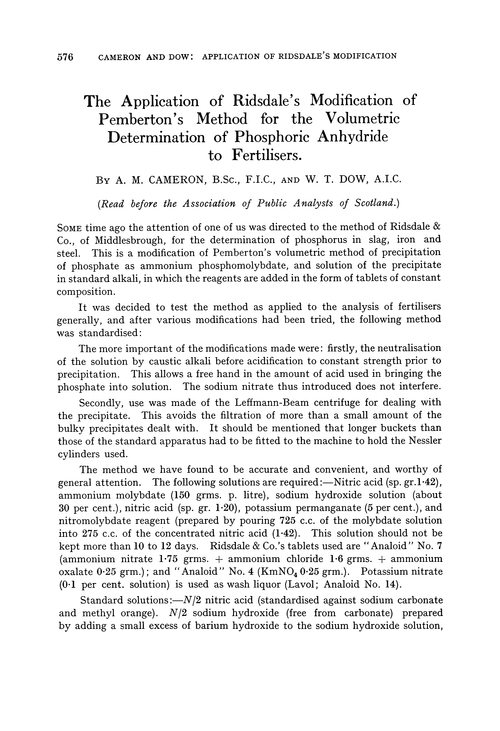 The application of Ridsdale's modification of Pemberton's method for the volumetric determination of phosphoric anhydride to fertilisers