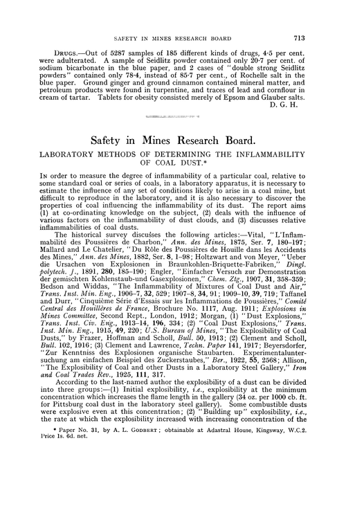 Safety in Mines Research Board. Laboratory methods of determining the inflammability of coal dust