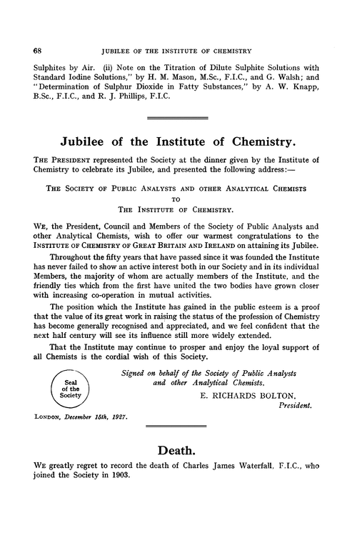Jubilee of the Institute of Chemistry