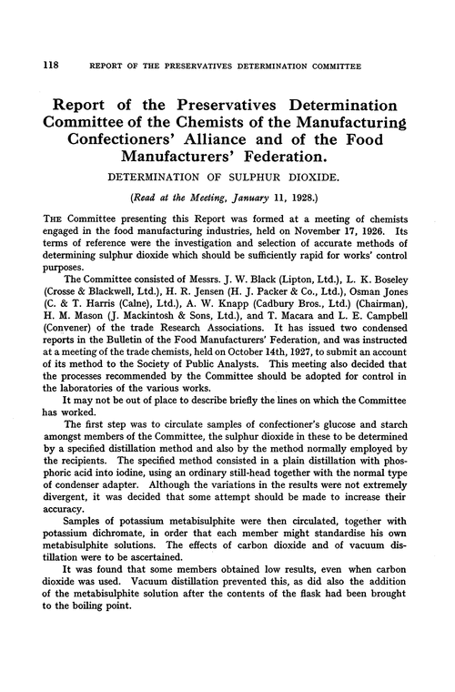Report of the Preservatives Determination Committee of the Chemists of the Manufacturing Confectioners' Alliance and of the Food Manufacturers' Federation. Determination of sulphur dioxide