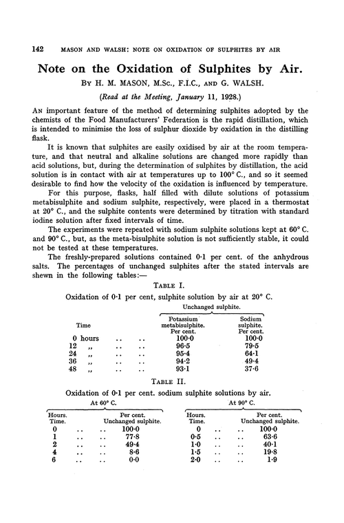 Note on the oxidation of sulphites by air