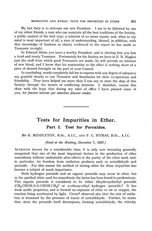 Tests for impurities in ether. Part I. Test for peroxides