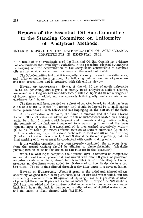 Reports of the Essential Oil Sub-Committee to the Standing Committee on Uniformity of Analytical Methods
