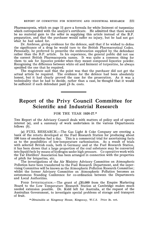 Report of the Privy Council Committee for Scientific and Industrial Research. For the year 1926–27