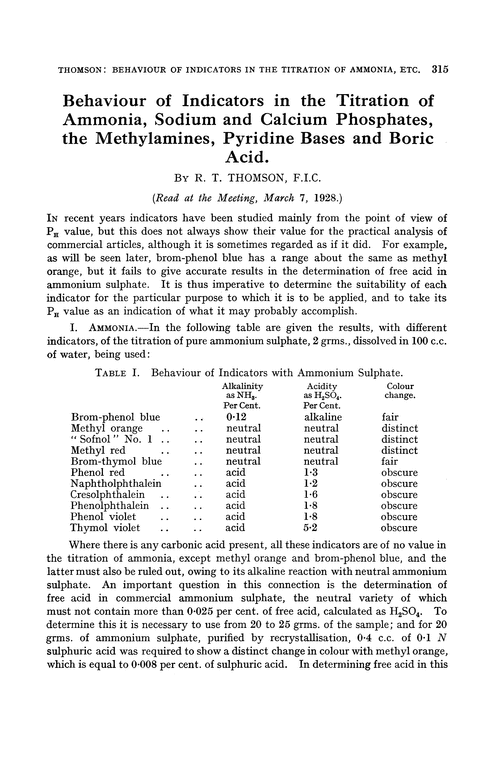 Behaviour of indicators in the titration of ammonia, sodium and calcium phosphates, the methylamines, pyridine bases and boric acid