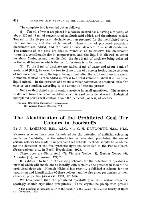 The identification of the prohibited coal tar colours in foodstuffs