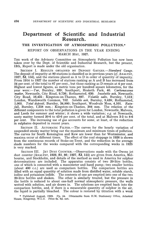 Department of Scientific and Industrial Research. The investigation of atmospheric pollution. Report on observations in the year ending March 31st, 1927