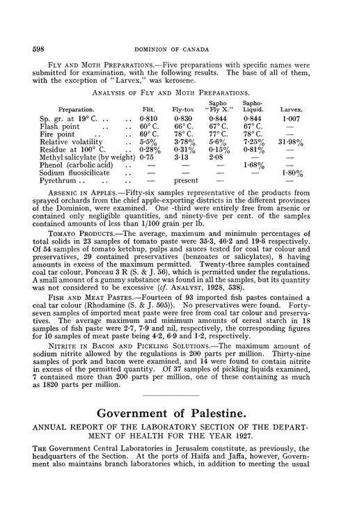 Government of Palestine. Annual Report of the Laboratory Section of the Department of Health for the year 1927