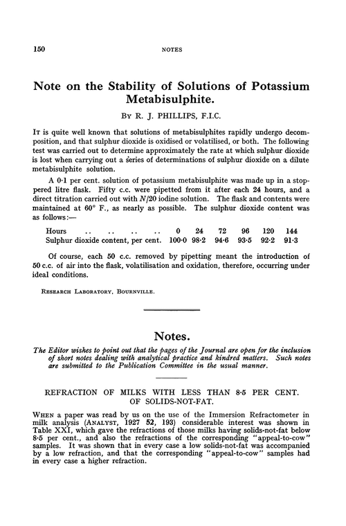 Note on the stability of solutions of potassium metabisulphite
