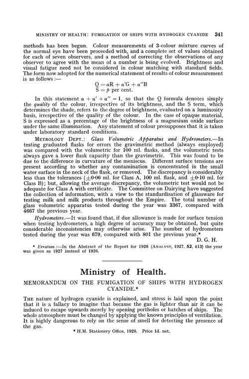 Ministry of Health. Memorandum on the fumigation of ships with hydrogen cyanide