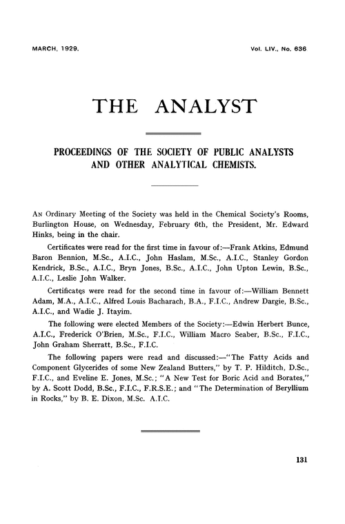 Proceedings of the Society of Public Analysts and other Analytical Chemists