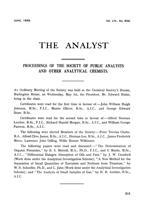 Proceedings of the Society of Public Analysts and other Analytical Chemists
