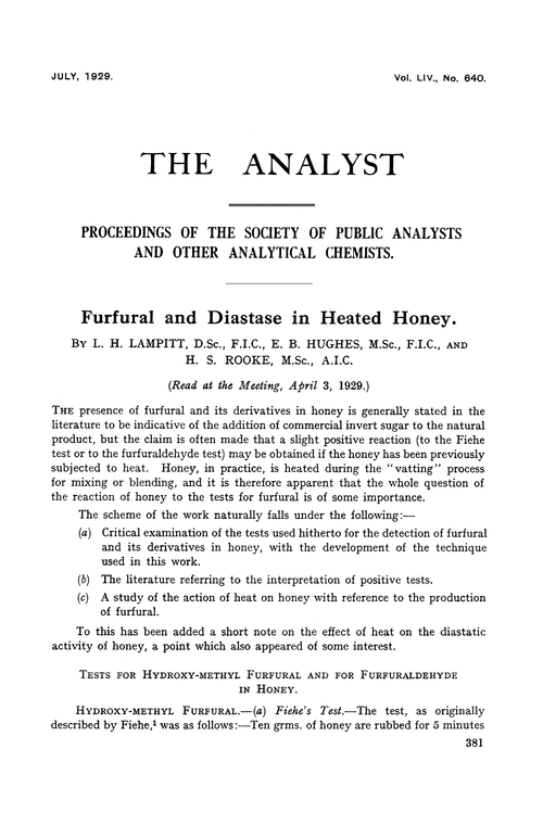 Furfural and diastase in heated honey