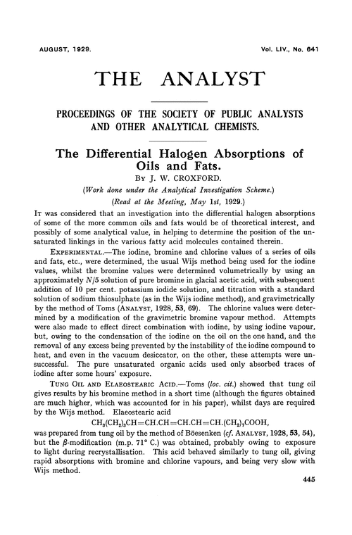 The differential halogen absorptions of oils and fats