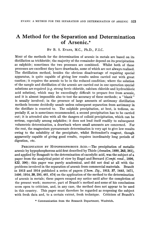 A method for the separation and determination of arsenic