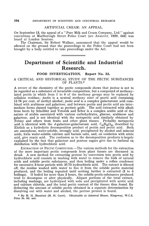 Department of Scientific and Industrial Research. Food investigation. Report No. 33. A critical and historical study of the pectic substances of plants