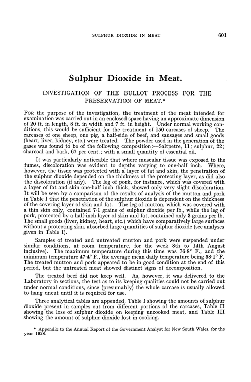 Sulphur dioxide in meat. Investigation of the bullot process for the preservation of meat