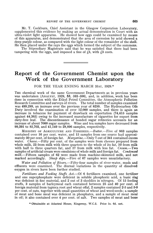 Report of the Government Chemist upon the work of the Government Laboratory. For the year ending March 31ST, 1929