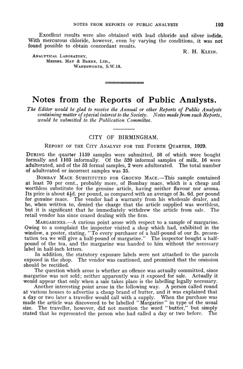 Notes from the Reports of Public Analysts