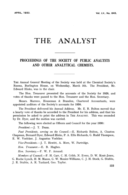 Proceedings of the Society of Public Analysts and other Analytical Chemists