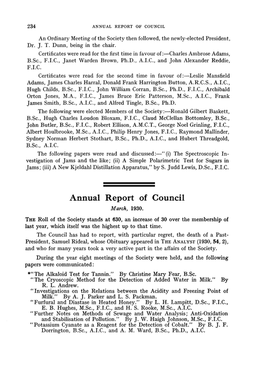 Annual Report of Council. March, 1930