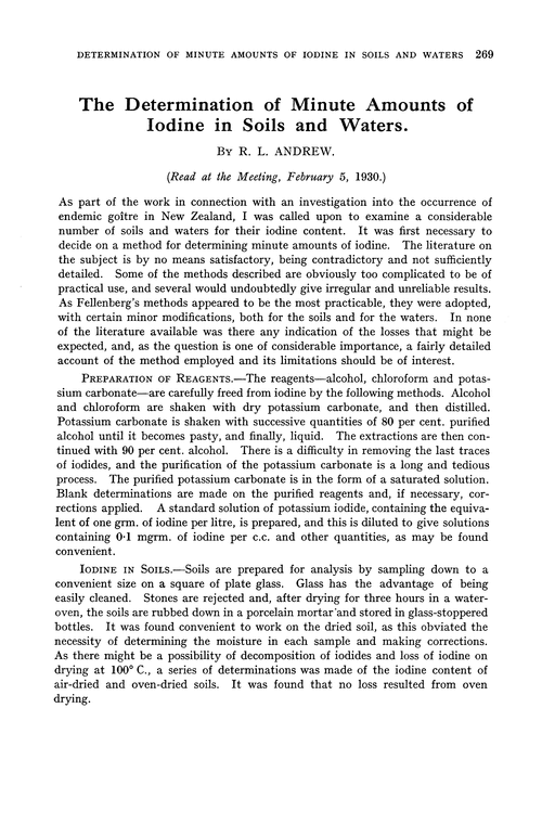 The determination of minute amounts of iodine in soils and waters