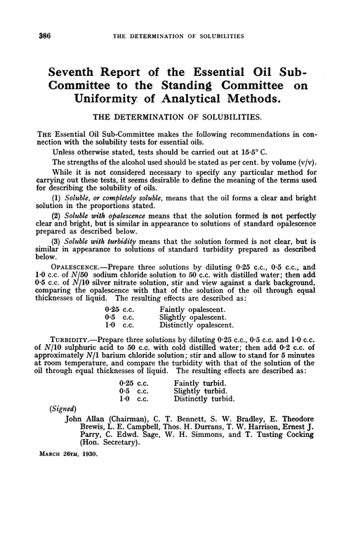 Seventh Report of the Essential Oil Sub-Committee to the Standing Committee on uniformity of Analytical Methods. The determination of solubilities