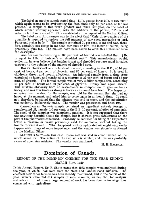 Dominion of Canada. Report of the Dominion Chemist for the year ending March 31st, 1929