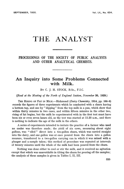 An inquiry into some problems connected with milk