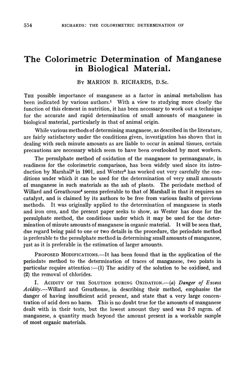 The colorimetric determination of manganese in biological material