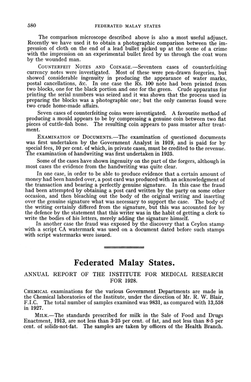 Federated Malay States. Annual Report of the Institute for Medical Research for 1928