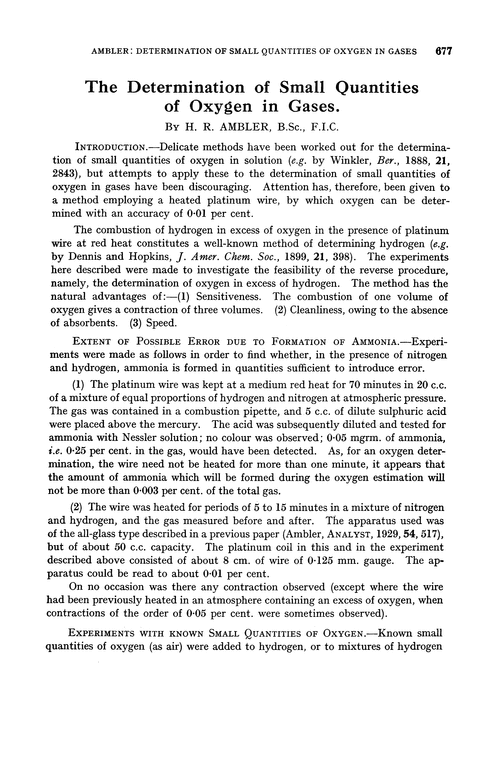 The determination of small quantities of oxygen in gases
