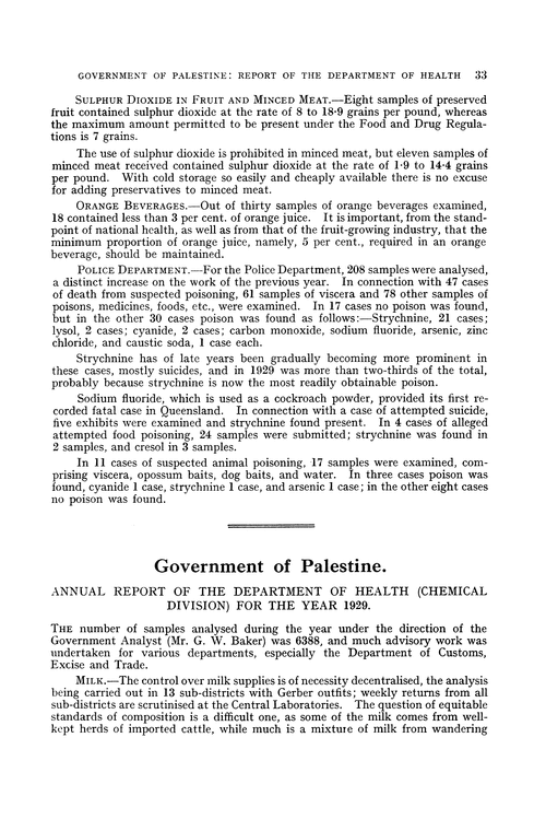 Government of Palestine. Annual Report of the Department of Health (Chemical Division) for the year 1929