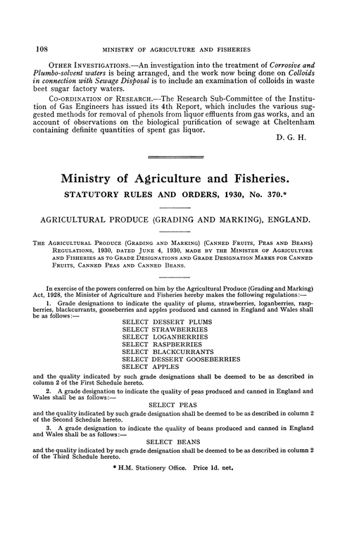Ministry of Agriculture and Fisheries. Statutory Rules and Orders