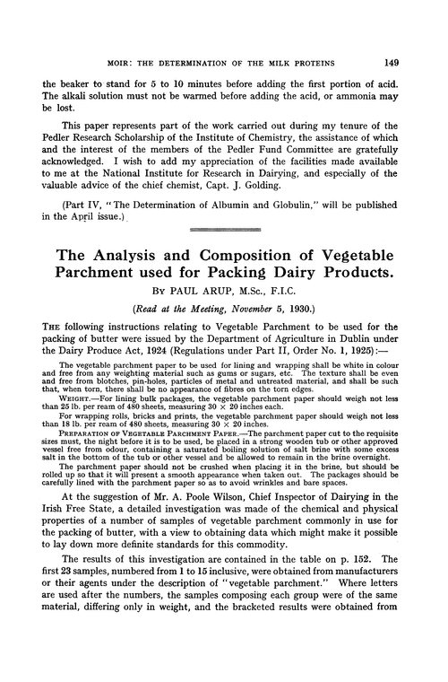 The analysis and composition of vegetable parchment used for packing dairy products