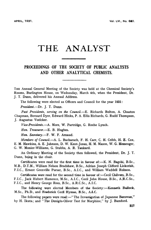 Proceedings of the Society of Public Analysts and other Analytical Chemists