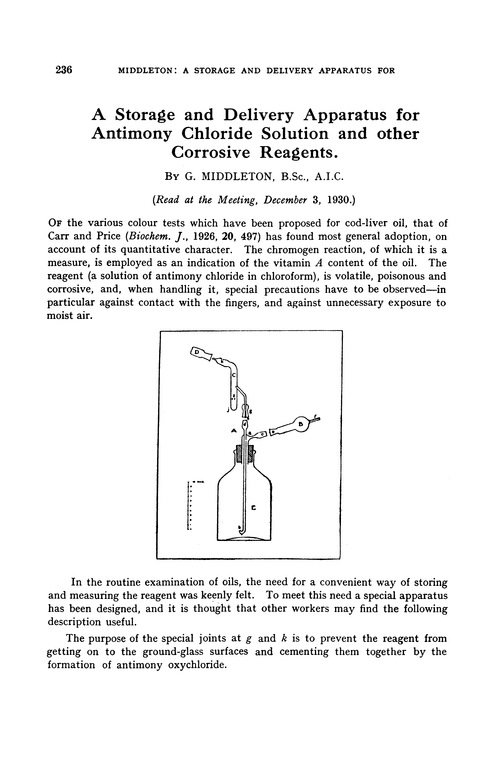A storage and delivery apparatus for antimony chloride solution and other corrosive reagents