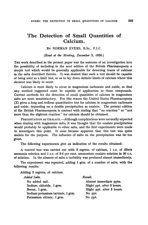 The detection of small quantities of calcium